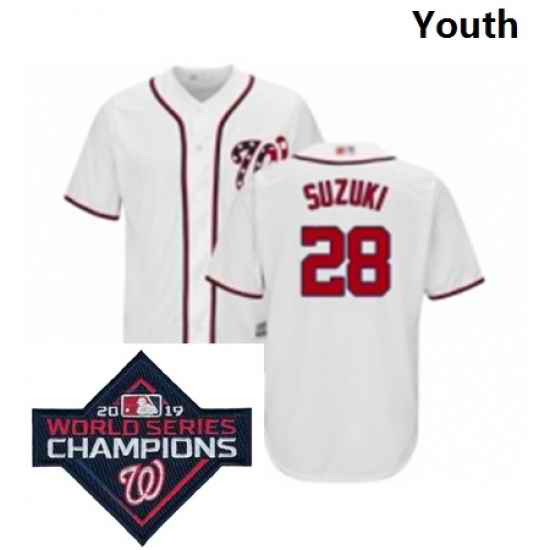 Youth Washington Nationals 28 Kurt Suzuki White Home Cool Base Baseball Stitched 2019 World Series Champions Patch Jersey